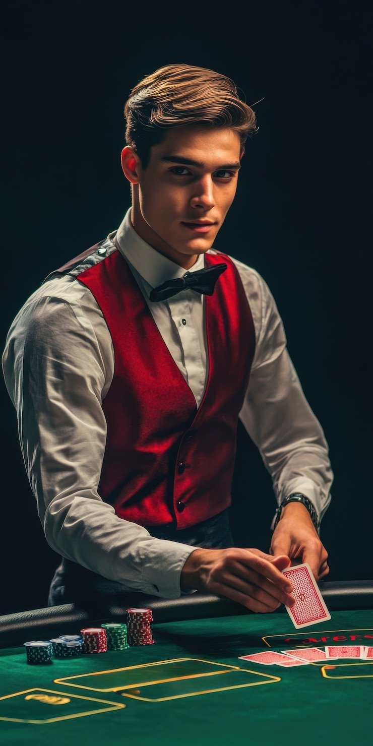 Live-dealer blackjack table showing real dealer and player cards